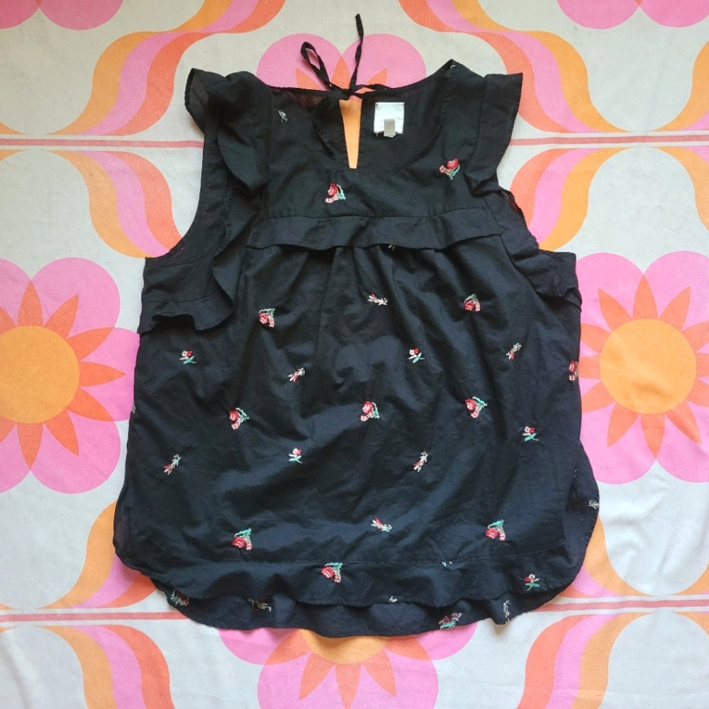 LC Lauren Conrad Black Sleeveless Ruffle Rose Embroidered Top